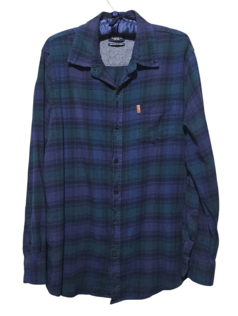 Chaps Mens L Brushed Flannel Shirt Blue Green Plaid Black Watch Long Sleeve EUC